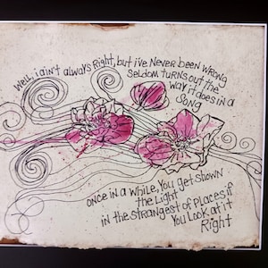 Song lyrics wall art original pen drawing on textured handmade paper, Scarlet begonias grateful dead, home decor gift for rock music lover