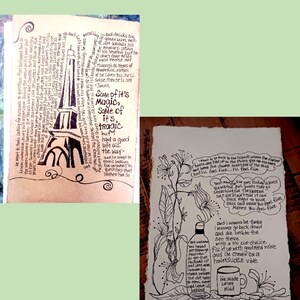 May include: Two rectangular art prints on textured paper featuring black ink illustrations and handwritten text. One print depicts the Eiffel Tower, while the other shows a bottle, a mug, and floral vines, both filled with extensive narrative prose.