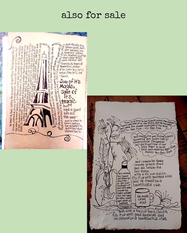 May include: Two rectangular art prints on textured paper featuring black ink illustrations and handwritten text. One print depicts the Eiffel Tower, while the other shows a bottle, a mug, and floral vines, both filled with extensive narrative prose.