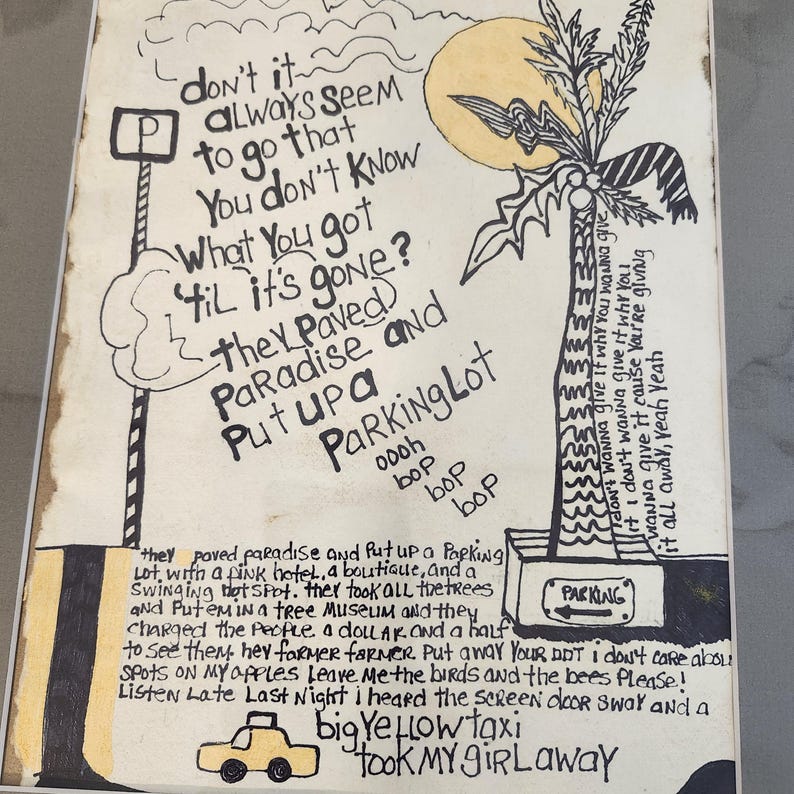 NOT a Print, Big Yellow Taxi, Original Pen & Ink Drawing on Handmade