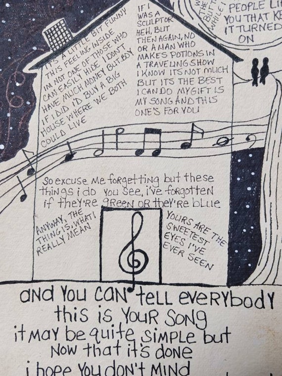 Song Lyrics Wall Art Original Pen Drawing on Textured Handmade