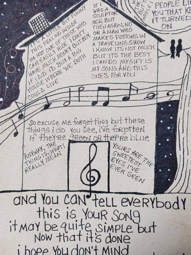 Song Lyrics Wall Art Original Pen Drawing on Textured Handmade