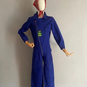Vintage NOS indigo blue cotton mechanic overall, one piece no binary workwear jumpsuit  asymmetrical zipper, utility chore boiler suit XS 34