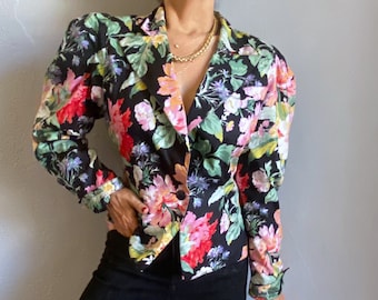 Vintage jaren '80 donkere cottagecore tuin romantische crop katoenen jas gezwollen mouw boho kleurrijke casual chique coquette revers blazer preppy vrouwelijk