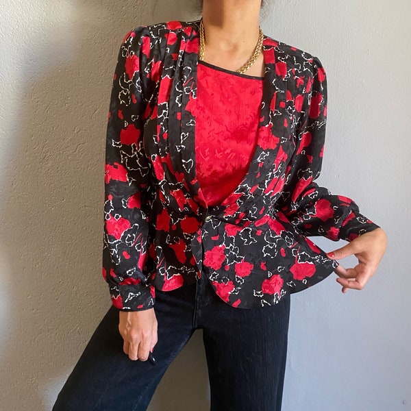 Vintage 80s elegant satin peplum rose abstract print shirt, chic puffy sleeves glam cocktail business retro feminine top, parisien 40s style