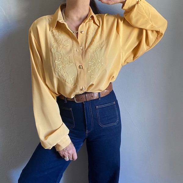 Vintage 80s embroidery mustard elegant shirt, business academia padded button up bishop sleeve long top plus size 2XL, mom retro corporate