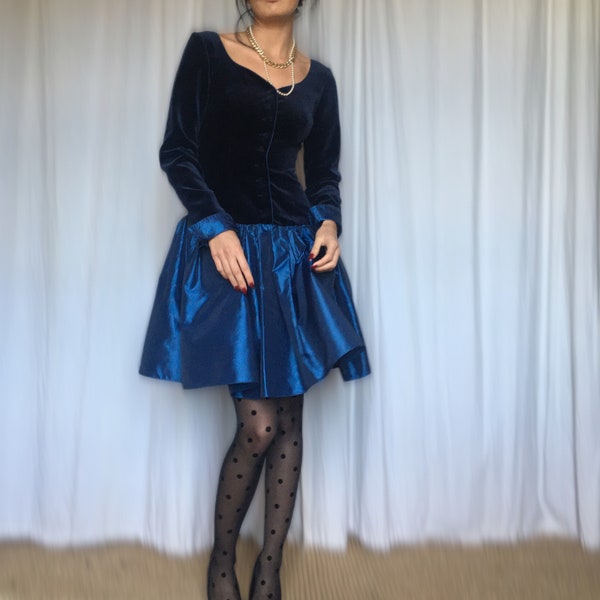 Laura Ashley vintage 80s velvet taffeta blue royal party dress, Victorian retro ball fairy gown, mini princess prom evening occasion elegant
