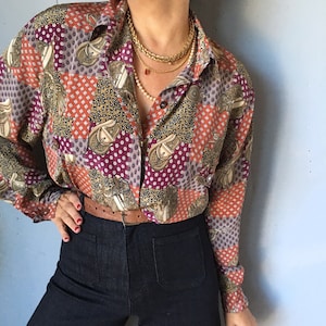 Blusa vintage de cachemira ecuestre de los años 80: Top romántico con mangas globo 2X