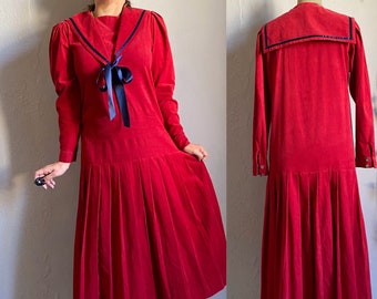 Laura Ashley 80s vintage sailor corduroy tomato dress, puffy sleeve low waist 20s sty flapper relaxed gown, collector rare Charleston 40 /L