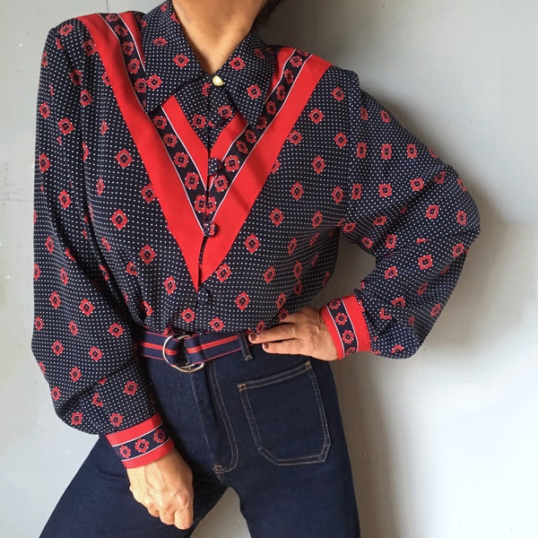 Vintage 80s provencal folk bohemian academia aesthetic country shirt, pointed collar folk retro plus size button up balloon sleeve fall top