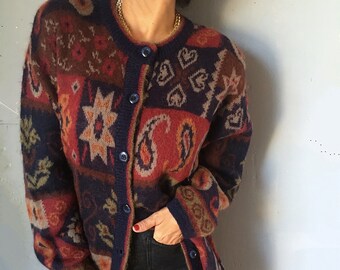 Vintage nordic folk elegant mohair long knit cardigan, hygge plus size cottagecore shoulder pad fluffy cozy button wool jacket 16 USA XL 1X