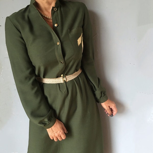 Vintage 80s embroidered moss gold belt shirt dress, elegant mid century modern button up cocktail gown business academia aesthetic lady