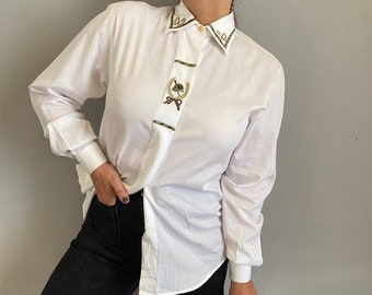 Vintage geborduurde paardensportmotieven katoenen klassiek shirt, ruiter elegante dame chique button-up preppy oud geld top, retro 38 M 8 USA