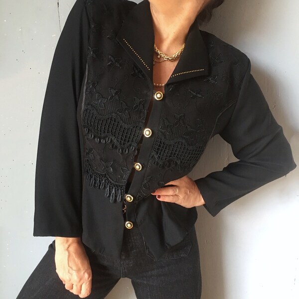 Vintage embroidery party elegant shirt, evening holiday cocktail button down 40 style shoulder pad top, chic nineties glamour retro clubbing