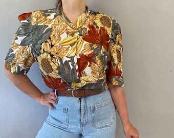 Camicetta vintage in viscosa con stampa di girasoli, camicia estiva boho con tasche, top goblincore XL