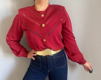 Camicia vintage elegante in pizzo bordeaux con bottoni sul retro, top da cocktail formale in stile antico di classe, spalline per il matrimonio degli ospiti XL 42