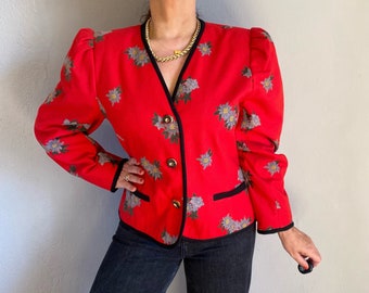veste courte en laine à imprimé floral folklorique vintage Trachten, dirndl autrichien edelweiss campagne à manches bouffantes blazer, manteau bavarois XL
