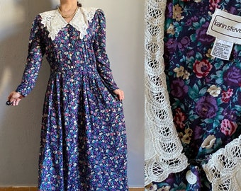 Vintage 80s cottagecore prairie fairy folk ditsy maxi lilac dress, lace collar bohemian puritan romantic mennonite puffy loose gown XL/1XL