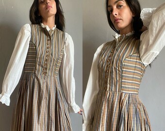 Vintage 70s victorian pinafore folk prairie moss Isola cotton dress, dirndl antique Austrian naturalism rustic cottagecore gown western S/M