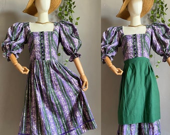 Vintage prairie dirndl folk cotton lavender forest dress & apron, Sportalm Austrian naturalism cottagecore puffy sleeves corset cute gown S