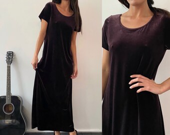 Laura Ashley 90s vintage velvet dark plum maxi party stretch dress Y2K elegant a line winter evening boho formal full length guest wedding L