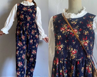 Laura Ashley romper vintage 80s pana azul marino peto, mono de una pieza cottagecore playsuit, pantalones holgados flor general todo en uno M