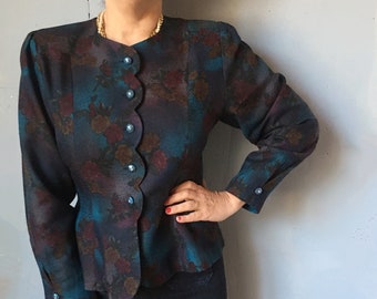 Vintage 80s bohemian elegant Japanese crop jacket, turquoise burgundy mid century modern dark cottagecore silhouette blazer, preppy tailored