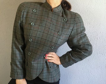 Vintage 80er Jahre karierte dunkle Academia Naturalist elegante Kreuz Wolljacke, Moos zweireihiger Silhouette Schulterpolster Blazer, elegantes Geschäft