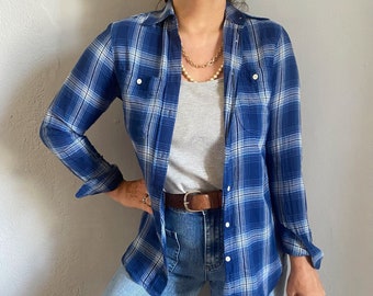 Vintage 90s plaid Lauren brand indigo cotton flannel shirt, casual work preppy old money cozy top, button up country unisex check nerdcore S