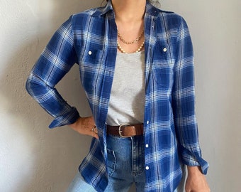 Vintage 90s a cuadros Lauren marca camisa de franela de algodón índigo, trabajo casual preppy viejo dinero acogedor top, botón hasta country unisex check nerdcore S