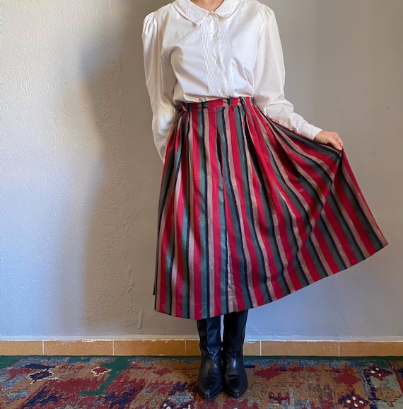 Vintage 70s Austrian Wool Prairie Striped Brocade Folk Skirt, Moss