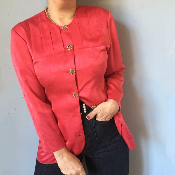 Vintage party elegant strawberry shirt, evening holiday cocktail button up mid century modern style top, chic nineties glamour retro classic