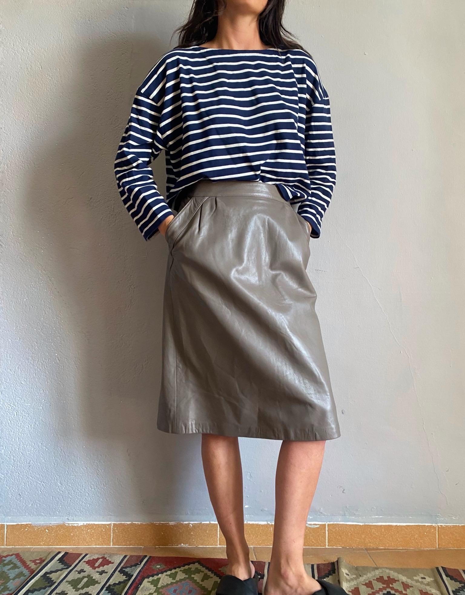 Vintage 90er Jahre echt Leder High Waist Mokka Mousse Rock, Linie Pariser Sekretärin elegantes Business, edel hinten Kapsel Knie M 38