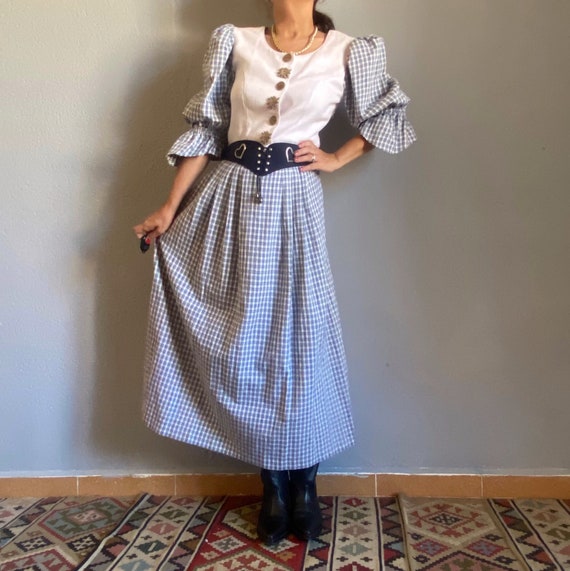 Vintage dirndl folk bohemian linen ecru indigo pla