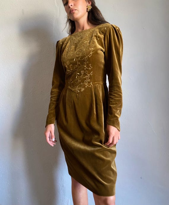 Laura Ashley Vintage 80s Velvet Mustard Brown Embroidered Dress