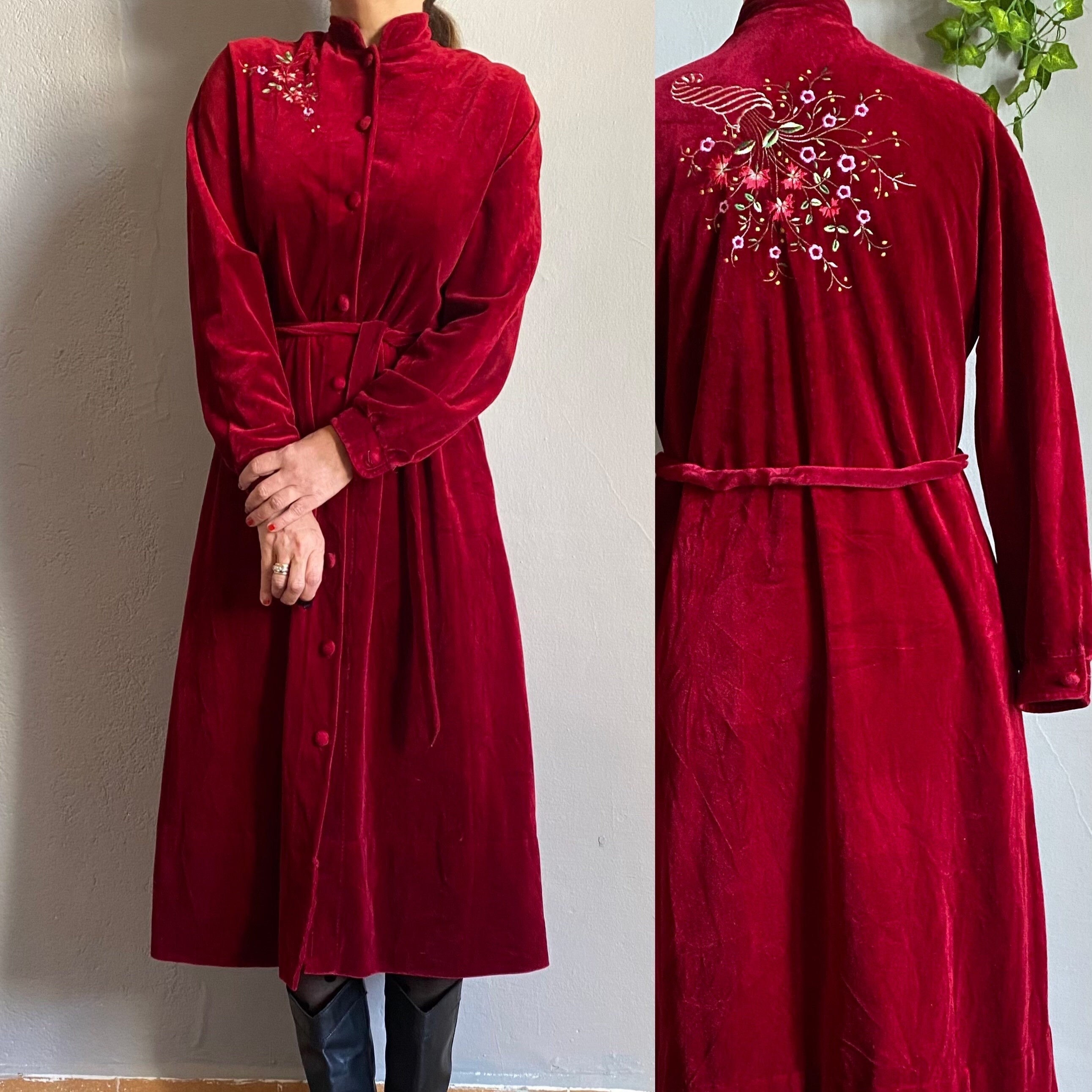 ヴィンテージ70年代ベルベット刺繍オリエンタルフローラルローブドレス 