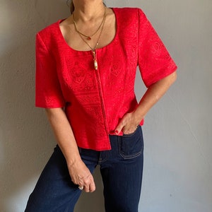 Vintage 90s ESCADA brocade elegant party crop zipper jacket, bolero tomato cocktail tailor cotton blazer, retro fashion guest wedding lady