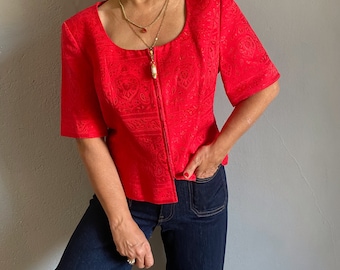 Vintage Escada brocade red jacket, 90s cotton bolero blazer, elegant party guest 44 EU