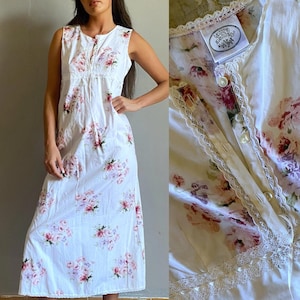 Laura Ashley vintage white cotton floral nightgown, cottagecore romantic coquette long slip dress, retro lingerie hippie boho sleepwear S/M