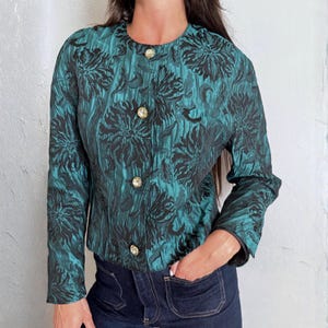 Vintage jaren 90 brokaat bolero-jasje, turquoise bloemen, Japanse feestglamour, maat S/36