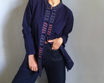 Chaqueta japonesa vintage Sashiko, algodón bordado, cierres de nudo, blazer mao, prenda para superponer, talla XL 42