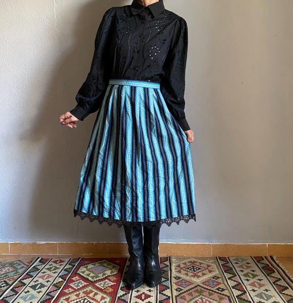 Vintage 80s Austrian Isola Folk Skirt, Striped Cotton High Waist