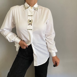 Vintage 90s equestrian cotton shirt, gold thread detail embroidered horse rider button up top, classic elegant old money outfit M 38