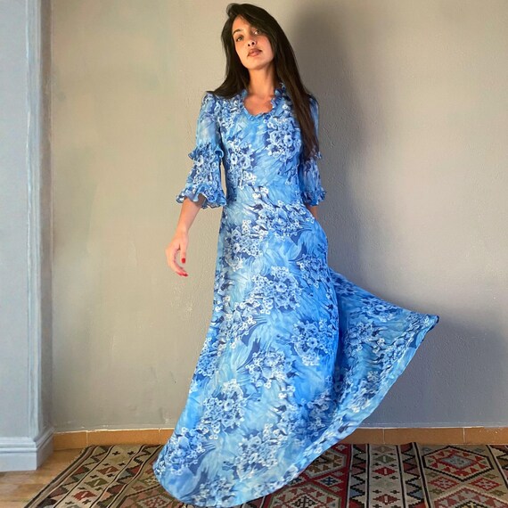 Vintage 70s Indigo Floral Chiffon Dress, Ruffle Gardencore Maxi Gown, Fairy  Prom Guest L 40