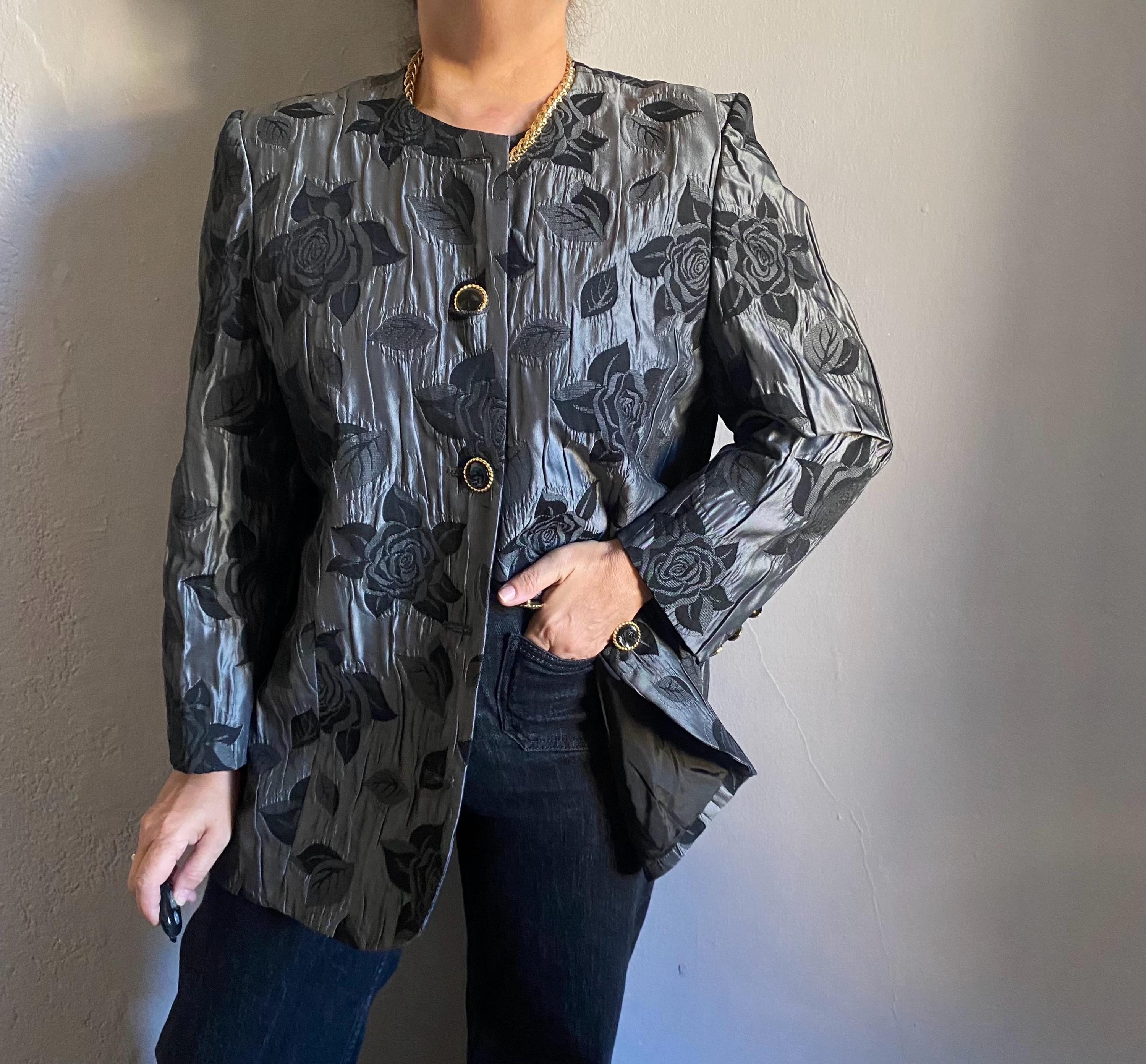 Vintage 80s Brocade Rose Floral Silver Elegant Party Jacket