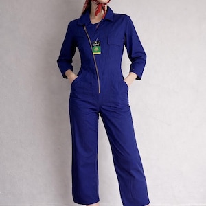 Vintage NOS indigo blue cotton boiler suit, asymmetrical zipper workwear jumpsuit, mechanic utility chore one piece gender neutral XS 34