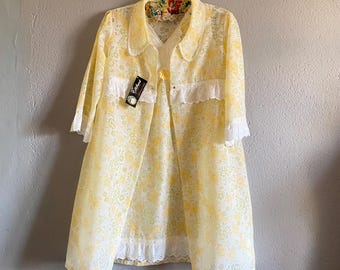 Vintage 60s yellow lace cotton peignoir set, sheer nightgown and robe pastel fairycore loungewear, romantic retro lingerie M 38