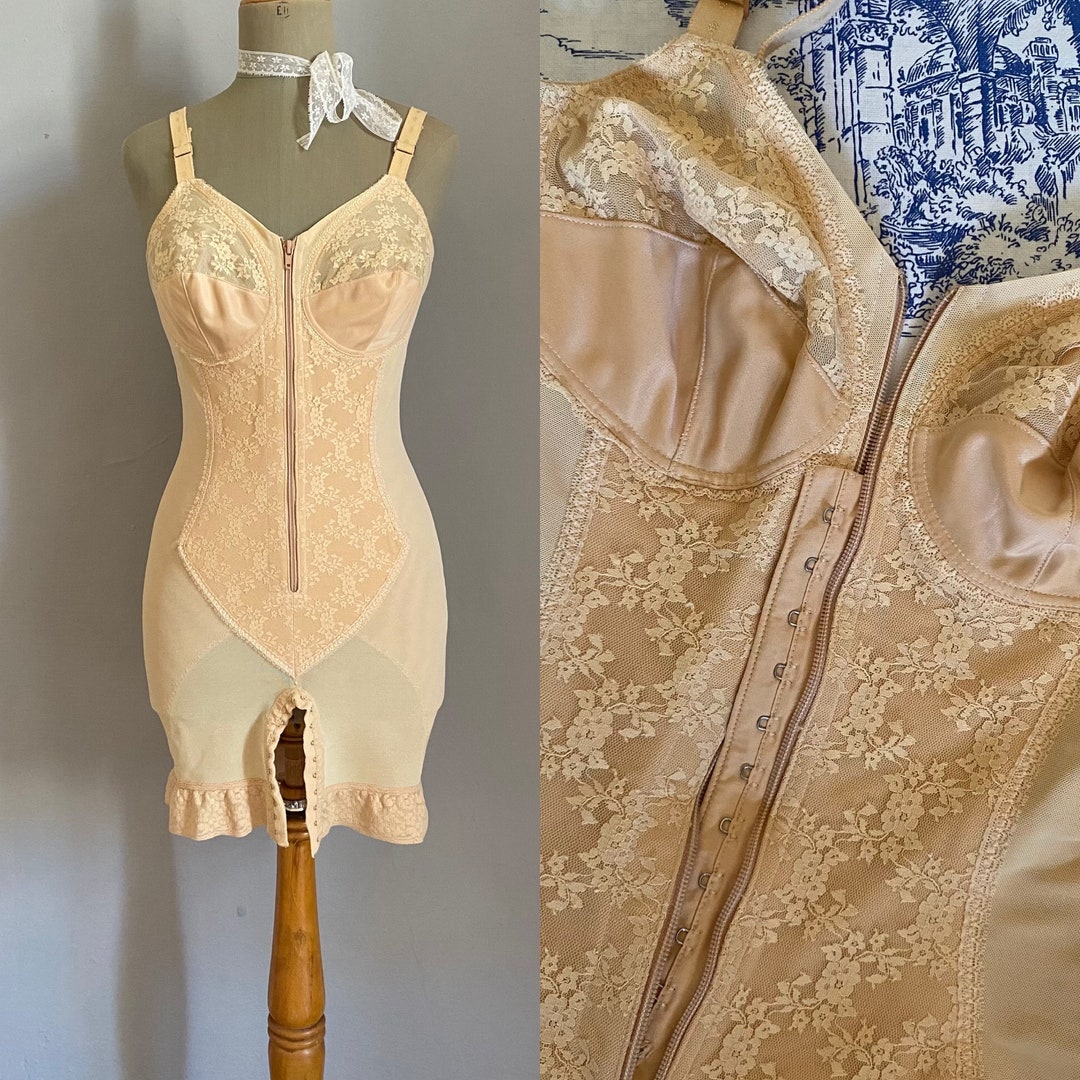 Vintage 60s 70s Lace Corselet One Piece Shapewear, Split Crotch Firm