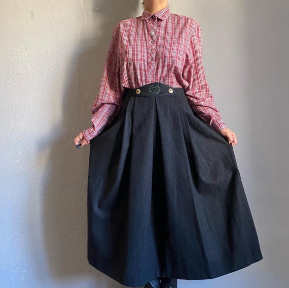 Vintage 80s Austrian Wool Folk Skirt, Dark Gray Pleated Midi With