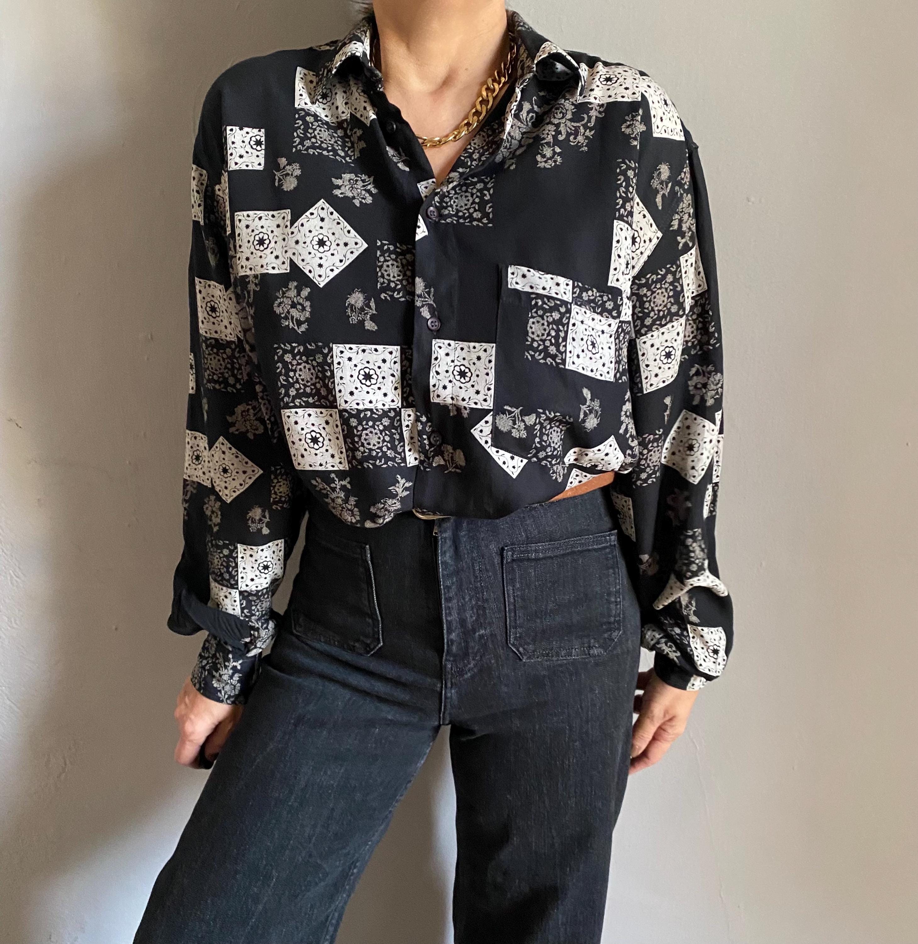 Vintage 90s Viscose Italian Shirt, Black Grey Crazy Patchwork